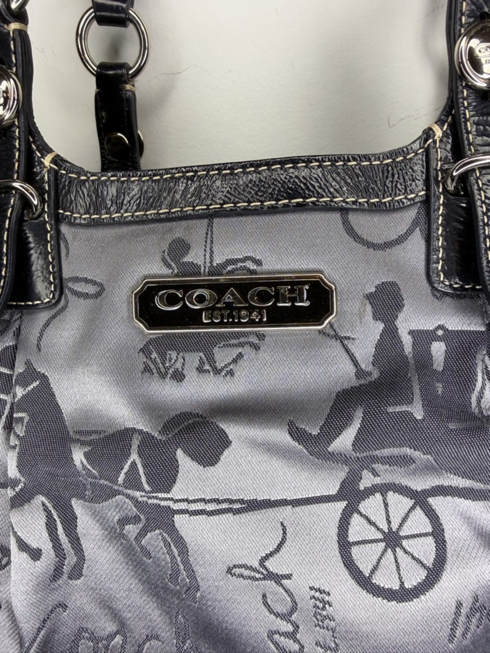 Vintage Coach Horse & Carriage Print Tote Gray Black Canvas Shoulder Bag - Picture 3 of 9